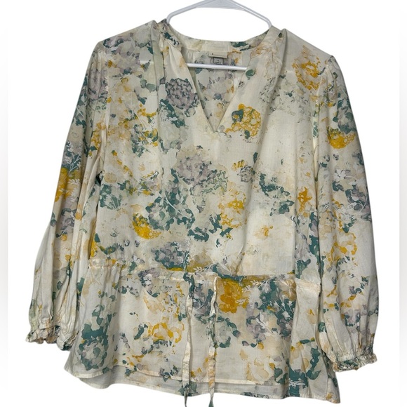 a new day Tops - A New Day Floral Women's Blouse Cream, Green,Yellow Country, Summer, Cottagecore